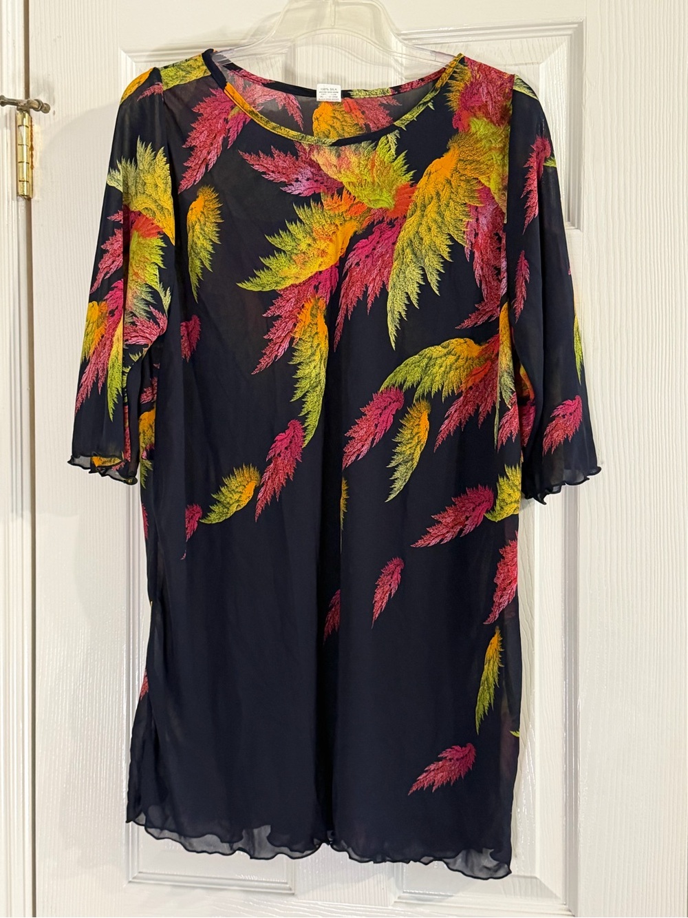 Sheer Black Tunic with Colorful Feather Print